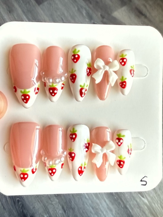 Handmade Other - Strawberry Bow Press-On Nails - Pink & White